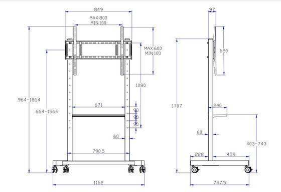 IBoard Factory Direct Outlet 55"- 86" Height Adjustable Mobile TV Stand With smoothly Wheels Compatibility Interactive Whiteboard Smart Panel Up To 180Lbs Steel Frame Rolling TV Cart Pushing Cart
